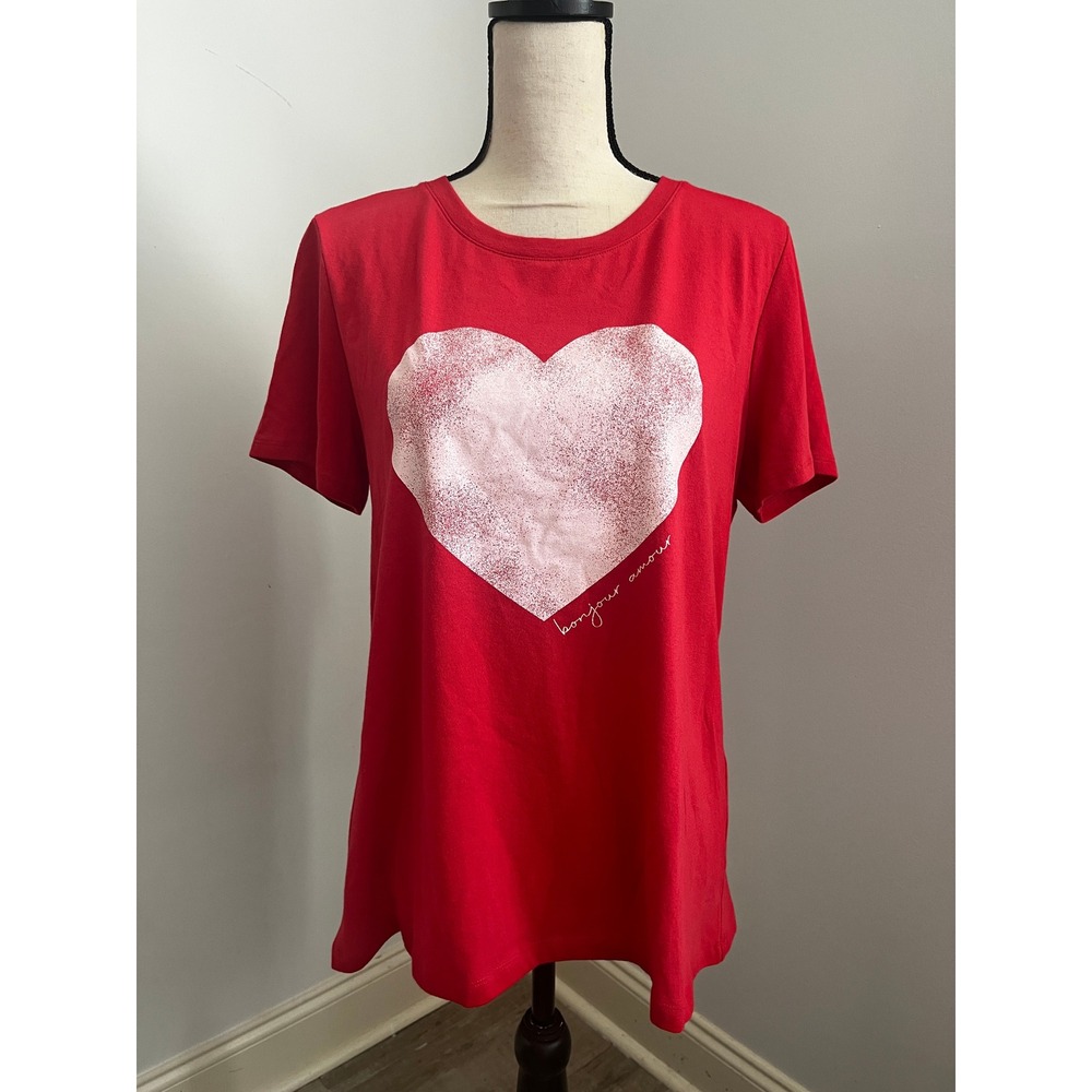 Red Short Sleeve Tee Large Bonjour Heart Graphic Romantic Paris Everyday Shirt